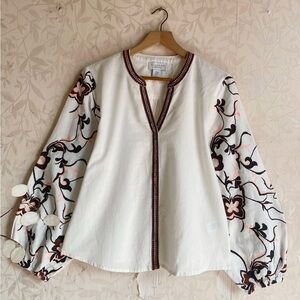 Calypso St. Barth White Linen Embroidered Blouse Large Floral Boho Peasant NWT